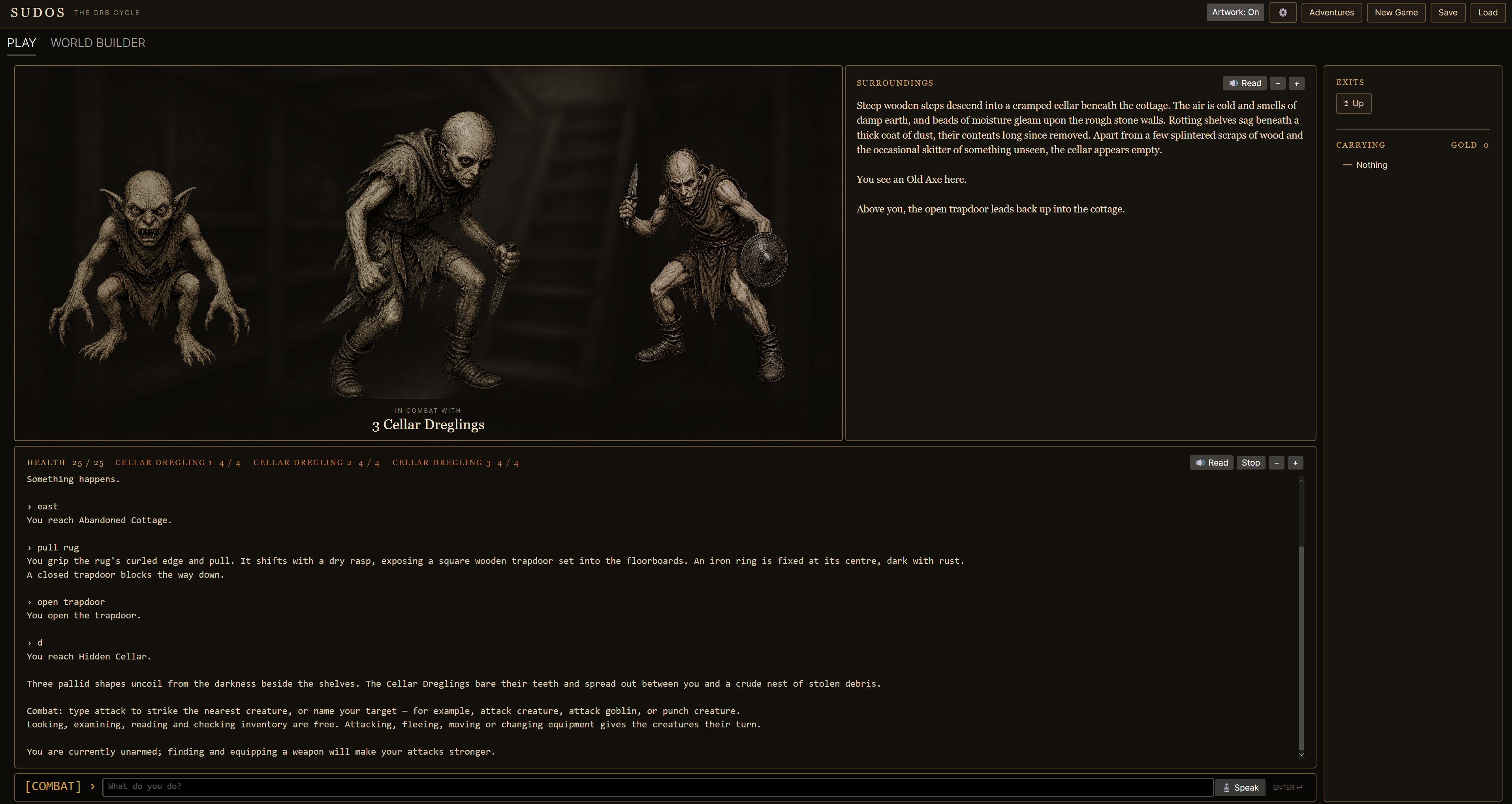 The real Sudos combat screen showing a three-creature encounter in the Hidden Cellar