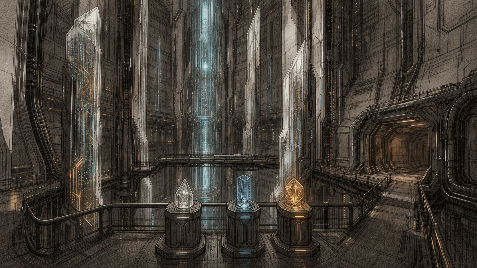 A monumental data cathedral with three crystal controls